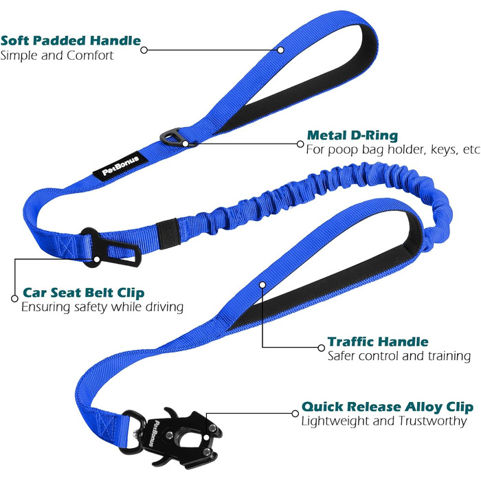 Міцна тактична повідка для собак PetBonus, 1,5м, еластична, з 2 м'якими ручками, страхувальний ремінь для авто, нашийник-повідок для дресирування собак великих та середніх порід (Армійний зелений, Синій)