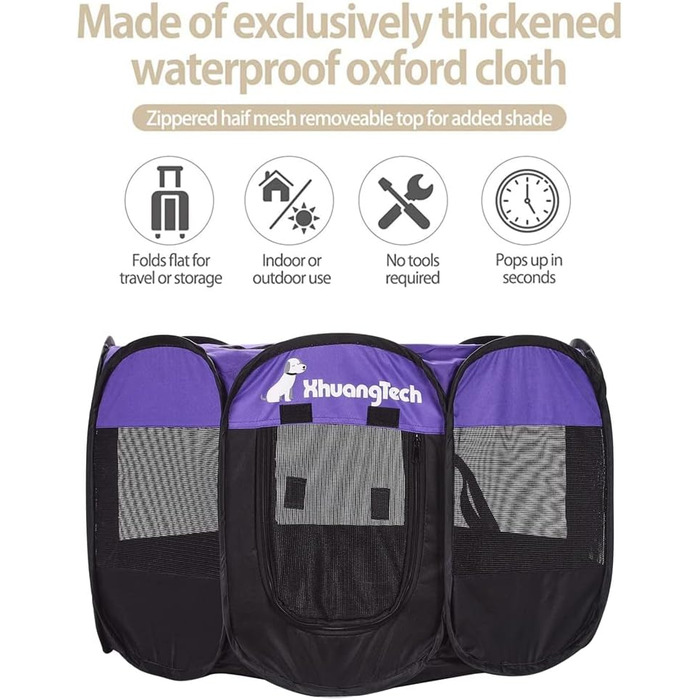 Клітка-манеж для тварин XhuangTech: собаки, коти, цуценята, 80x80x58,4 см, м'яка тканина, портативна, складна, для дому та вулиці, фіолетовий/чорний
