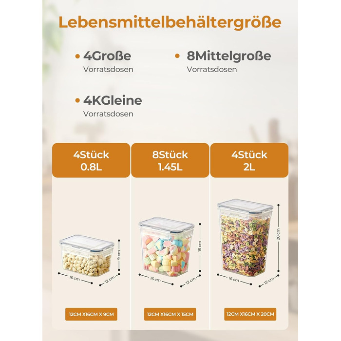 Набір контейнерів для зберігання FOHERE 16 шт. (2л, 1.45л, 0.8л) з кришкою, BPA-free, для кухні, з етикетками