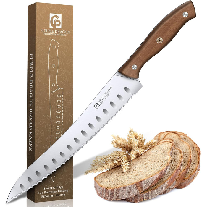 Ніж для хліба Purple Dragon Brotmesser з хвилястим лезом та ергономічною ручкою, з високоякісної німецької сталі, для свіжоспеченого хліба, закваски, тортів, гостре лезо