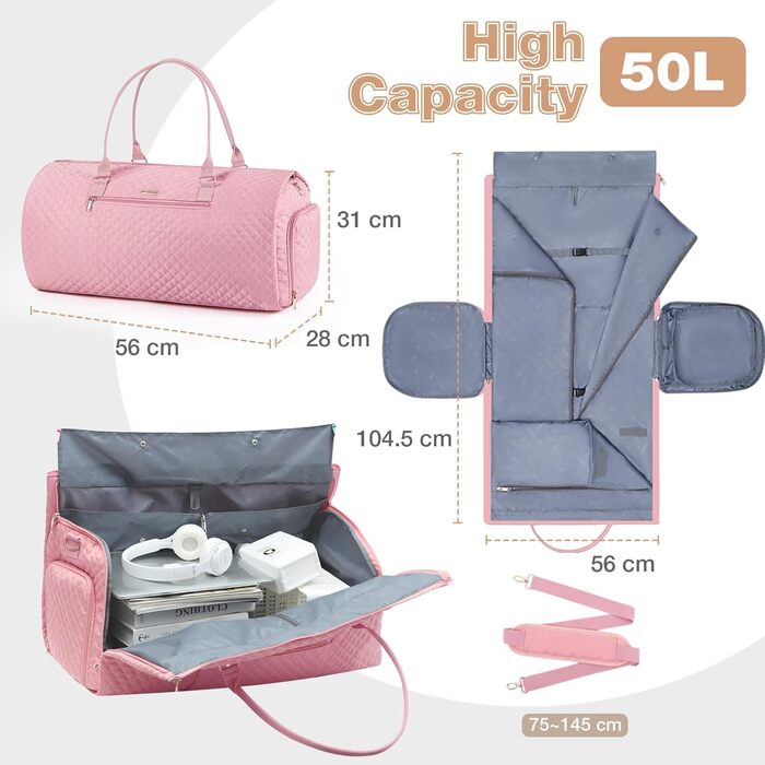 Чемодан-мішок 2 в 1 для жінок, великий складний дорожній мішок Weekender з 6 органайзерами для одягу та відділенням для взуття, спортивна сумка для подорожей, ручна поклажа, чорний (2.рожевий, 50 л)