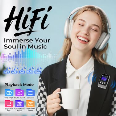 MP3-плеєр 64GB Bluetooth 5.3 з кліпсою та динаміком, спортивний музичний плеєр з сенсорним екраном та кнопками, регулятор гучності, FM-радіо, запис голосу, розширюється до 128GB, чорно-коричневий