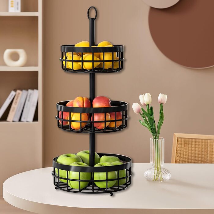 Багатоярусна металева підставка для фруктів та овочів MaxEarn - 3 яруси, велика місткість, з дерев'яними ручками