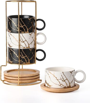 Набір чашок кавових Cappuccino HOME DECOR - 4 шт. по 160 мл з підставками та стійкою - 160 мл, кераміка, для еспресо, капучино, лате, мармурова колекція