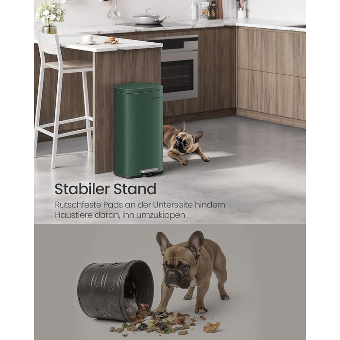 Відро для сміття SONGMICS 30 л, стале, з м'яким закриттям, з внутрішнім відром, для кухні, Vintage Green