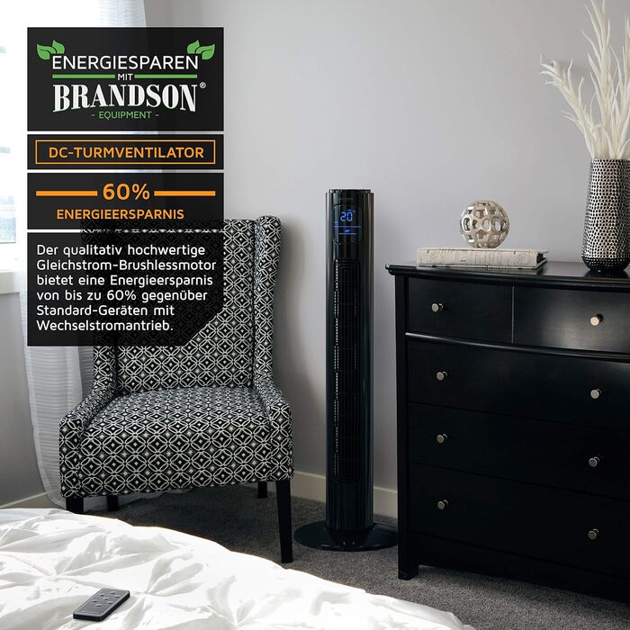 Turmventilator Brandson ECO Silent з DC-двигуном: 12 швидкостей, таймер, пульт ДУ, енергозбереження, колір чорний