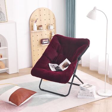 Крісло Tiita Moon Chair без пуфа, м'яке штучне хутро, металевий каркас, бордовий – розкладне крісло для спальні, вітальні, гуртожитку, саду