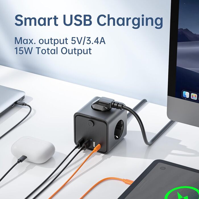 Мережевий фільтр подовжувач 7 в 1 з USB-портами, 3 розетки, з вимикачем, кабель 2 м, чорний — для дому та офісу