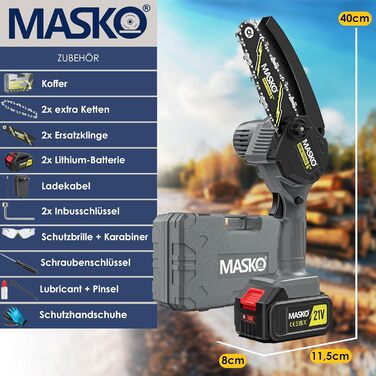 MASKO® Міні акумуляторна бензопила 800W, 6 дюймів, 8000mAh | Електрична пила з автоматичною подачею оливи | Ручна бензопила для обрізки гілок та деревини | У комплекті кейс, 2x акумулятори 4000mAh та 2 запасні ланцюги 6 дюймів, чорний/антрацит