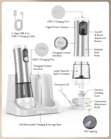 Електрична млин для солі та перцю AMOSA 2-в-1 USB, біла (срібляста) - автоматична, керамічний механізм, регульований помел