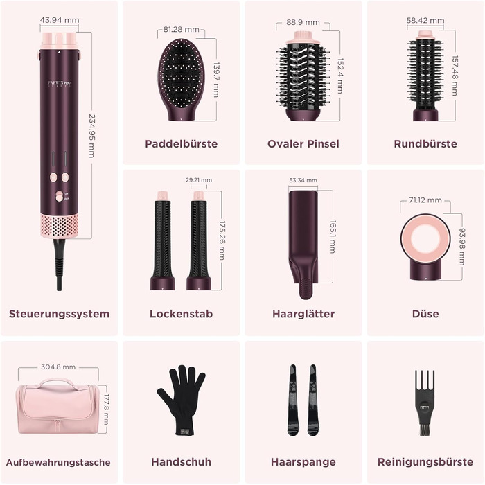 PARWIN PRO BEAUTY MaxAIR 2.0 Multi-Styler Set: 7-в-1 Фен, Плойка, Випрямляч, Щітка для об'єму, 110000 об/хв, Автоматична намотка, Подвійна напруга, Jasper Plum