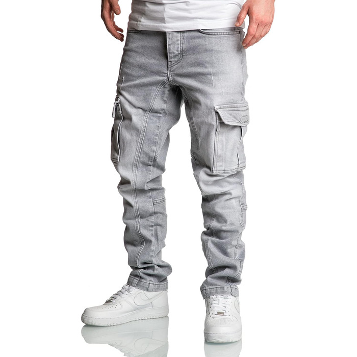 Чоловічі джинси карго Amaci&Sons Regular Slim 7977 (30W/30L, світло-сірі, з потертостями)