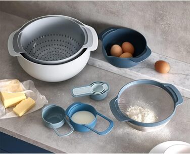 Joseph Joseph Nest 9 Plus 9-Piece Nesting Set with Large and Small Mixing Bowls, Colander, Sieve, 5 Measuring Cups, Sky Blue