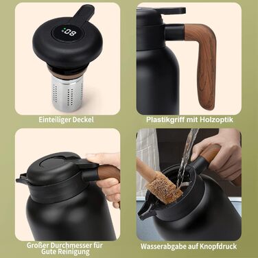 VETIN Thermos Flask with Tea Strainer 1.5L, Double-Walled 304 Stainless Steel Insulated Flask, Tea Pot Thermo with Temperature Indicator, Coffee Pot Thermo 10h Heat/16h Cold