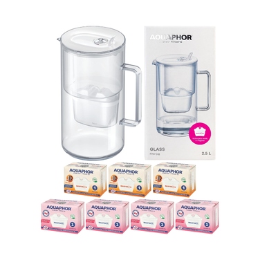 Скляний фільтр-глечик для води Aquaphor Glass, білий + 7 фільтрів (4Mg+3H)