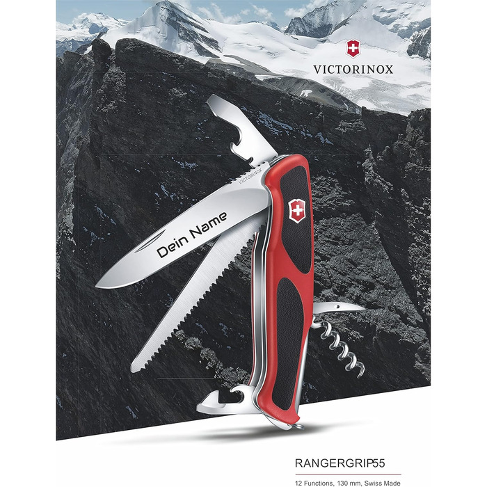 Швейцарський ніж Victorinox RangerGrip 55 з гравіюванням на лезі. Персоналізований ніж з 12 функціями. Подарунок для чоловіків та жінок.