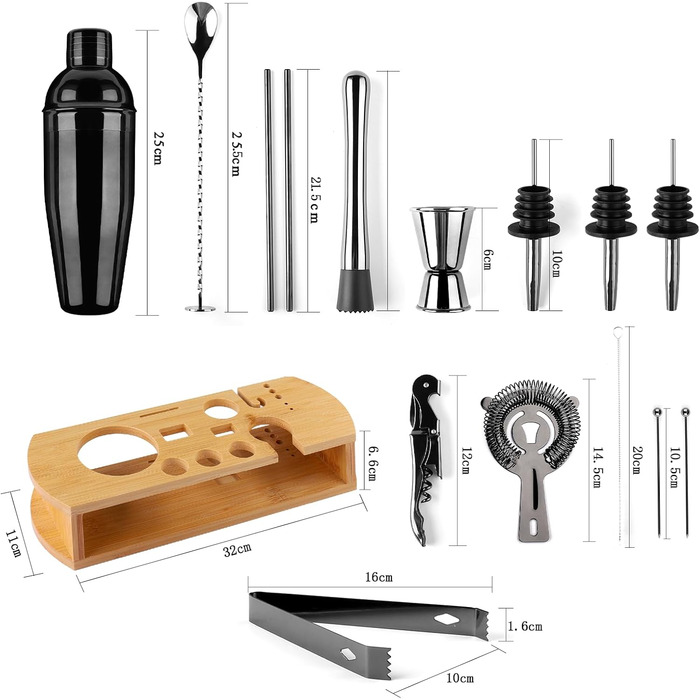 Stainless Steel Cocktail Mix Set - 14 Piece Bartender Kit with Bamboo Stand - 750ml Cocktail Shaker Set - Perfect Gift