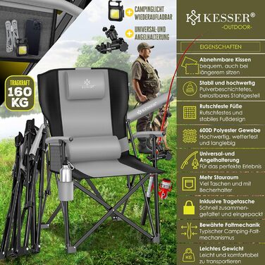 Кресlo для кемпінгу KESSER® з високою спинкою, 160 кг | Стільчик для риболовлі, з підлокітниками, кишенькою для напоїв та світлом | Сірий/Чорний
