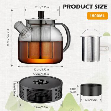 Скляний чайник для заварювання чаю 1500 мл з ситечком та підставкою-підігрівачем із нержавіючої сталі