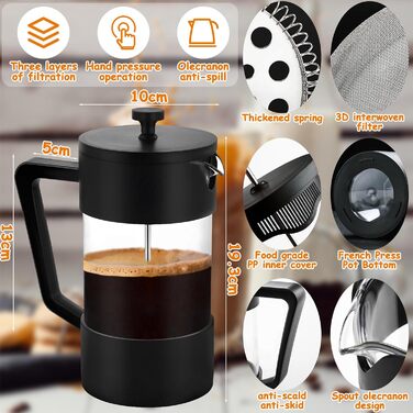 Френч-прес для кави та чаю, 1000 мл, скло, нержавіюча сталь, з термостійким склом, з антиковзним м'яким ручками, для дому, подорожей, кемпінгу (чорний)