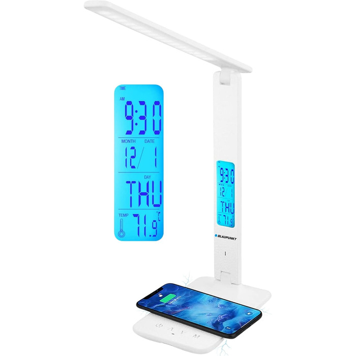 LED-лампа Blaupunkt настільна з бездротовим зарядним пристроєм, USB-порт, регулювання яскравості, 5 кольорів, гнучкий кріплення, для офісу та читання, LCD-дисплей (годинник, календар, термометр)