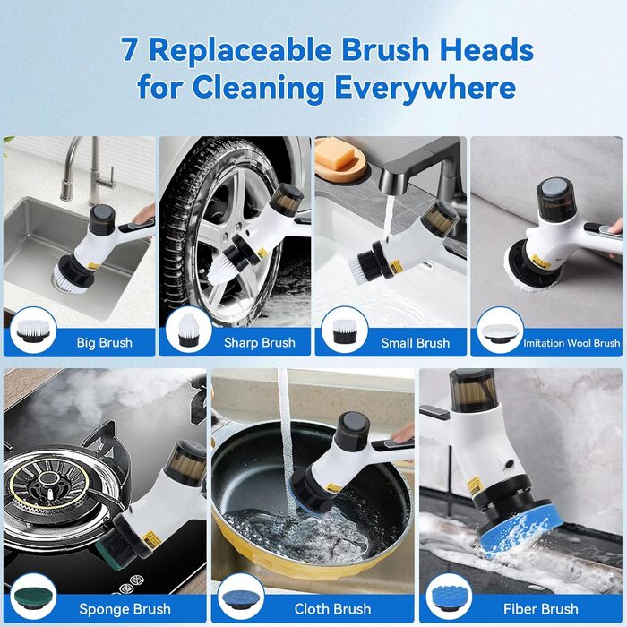 Електрична щітка для прибирання OTRAKI з 7 насадкоми: для ванної, кухні, плитки, авто