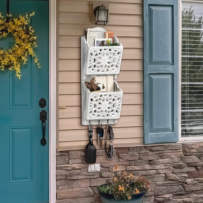 Дерев'яний органайзер для ключів з поличкою та відділенням для листів, крейдяною дошкою та 8 гачками, настінний (античний)