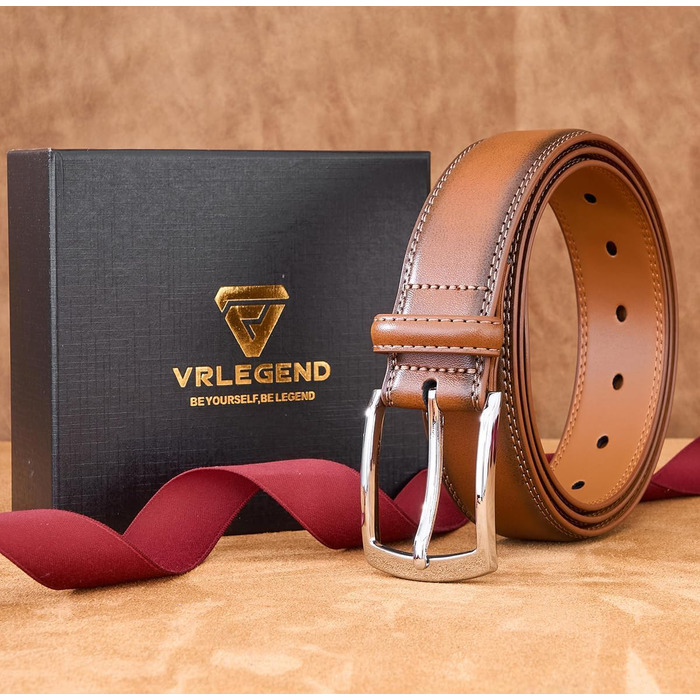 Чоловічий шкіряний ремінь VRLEGEND 35 мм для бізнесу та офіційних заходів, ремінь до костюма, з подарунковою коробкою (колір коричневий, розмір 120 см/140 см)