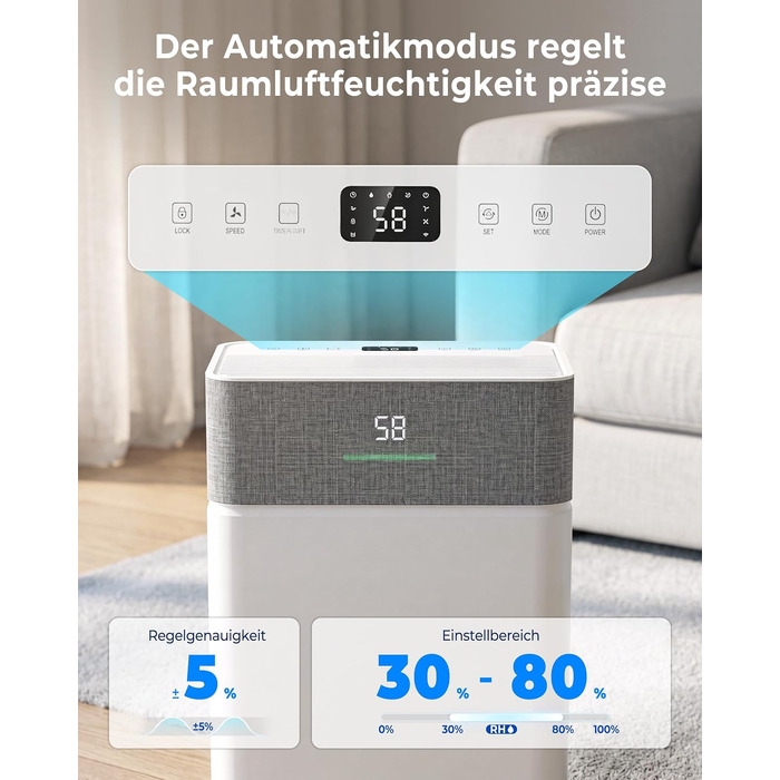 Осушувач повітря Airfish 30 л/добу, Smart WiFi, резервуар 5.5 л, авторозморожування, таймер на 24 години, 2 режими обдуву, для ванної, спальні та вітальні