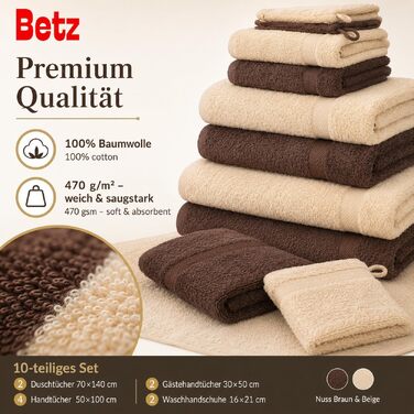 Набір махрових рушників Betz Premium 10 предметів, 100% бавовна, 470 г/м², Oeko-TEX, Колір: горіховий коричневий та бежевий (2 банні, 4 середні, 2 гостьові рушники, 2 рукавички)