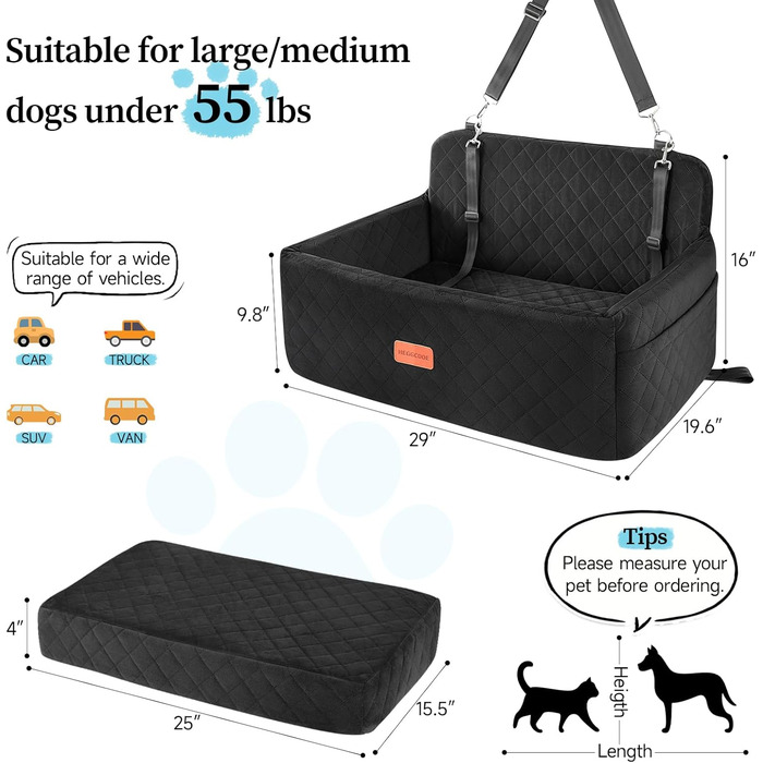 Автокрісло для собак середніх та великих порід, підйомник для собак, автоліжко для собак на заднє сидіння з 2 страхувальними ременями (Чорний)