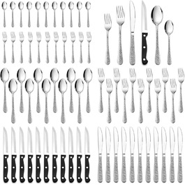 Набір столових приборів HaWare, 72 шт. з нержавіючої сталі (12 осіб), з ножем, виделкою, ложкою, сучасна ручка 'молоток', для дому/вечірки/готелю/ресторану, блискучий, придатний для миття в посудомийній машині. Включає ніж для стейку.