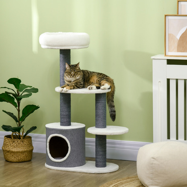 PawHut Драбина для котів з 1 котячою печерою, 1 ліжком для котів, 2 платформами, стовпчиками з джгутового мотузка, білий + сірий