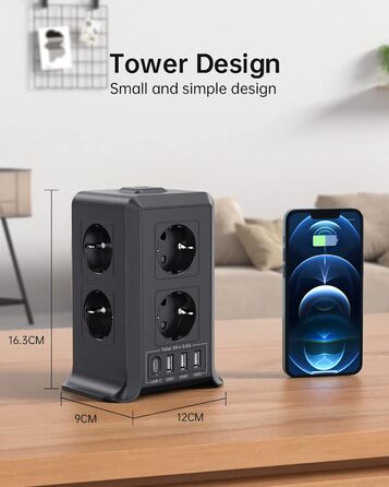 Багаторозкладна мережева панель Sameriver 8-fach з вимикачем, 4 USB, захист від перенапруги, 2м кабель, чорний