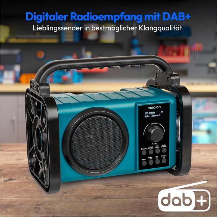 Радіоприймач Medion E66877 DAB+ Baustellenradio: Bluetooth 5.0, DAB+, UKW, LED-ліхтар, акумулятор/мережа, водонепроникний (IP44), синій