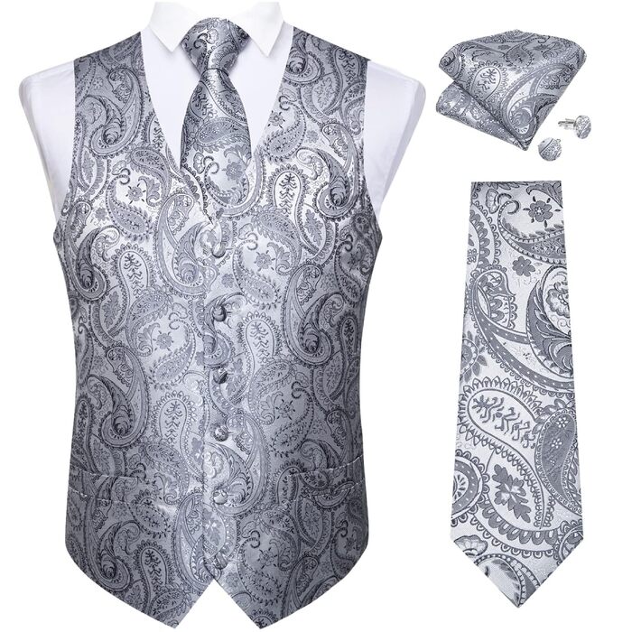 Чоловічий жилет DiBanGu з візерунком пейслі, шовковий жаккард, костюмний набір з краваткою, хусткою та брошкою для весіль та вечірок, сріблястий, S