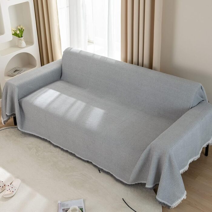 LHGOGO Waffle Throw Blanket 180x300cm Large 3-Seater Sofa Throw Versatile Living Room Blanket as Sofa Throw, Couch Cover, Sofa Cover, and Bedspread with Decorative Tassels - Light Grey
