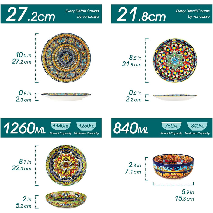 Набір тарілок Vancasso 6 шт. для мюслі, супу, салату, рамену, десерту, пасти, корнфлейкс (6x 840 мл)