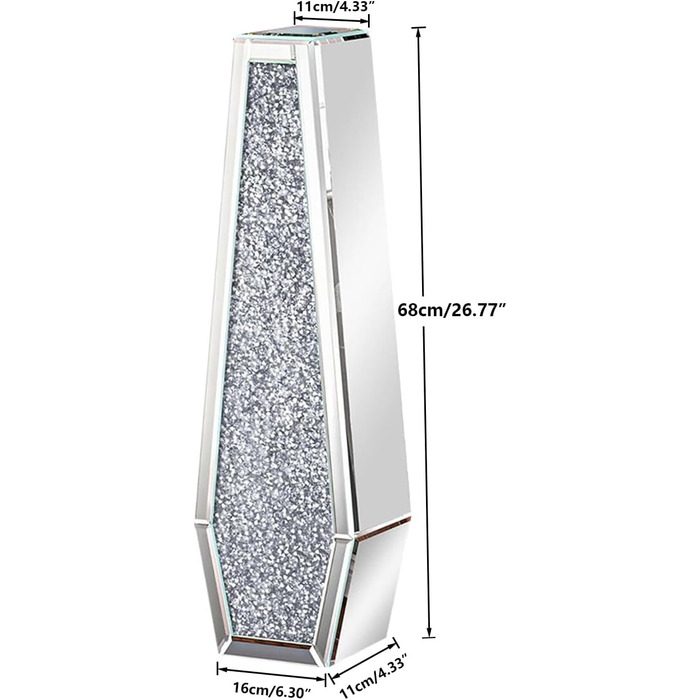 Ваза для квітів велика 68 см: срібна ваза з кристалами для пампас трави, скляна ваза з дзеркальним покриттям та блискітками, декоративна ваза для вітальні, інтер'єру – без підставки для води, 16L x 68H см