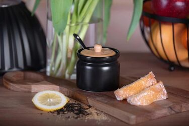 Цукорниця керамічна з бамбуковою кришкою та ложкою, цукровий контейнер (кругла, чорна)