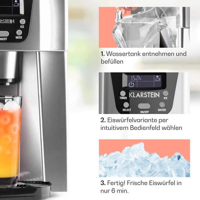 Машина для приготування льоду Klarstein Eiswürfelmaschine Klein, 2 л, з дозатором води, для 12 кг льоду, швидка, з сигналом, пластик, срібло
