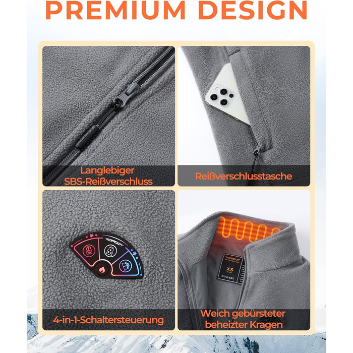 Обогреваемый жилет Topdot Daen Fleece с Powerbank 7.4V 16000mAh, 10 зон обігріву, 3 температурні режими, для катання на велосипеді, кемпінгу та outdoor-роботи (Сірий, L)