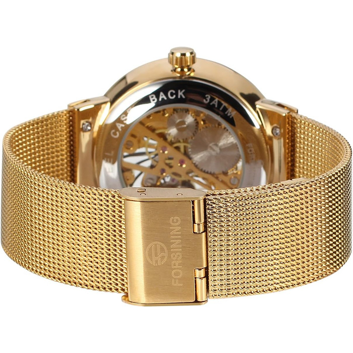 Чоловічий механічний годинник FORSINING з тонким корпусом та браслетом зі сталі (Золотий)