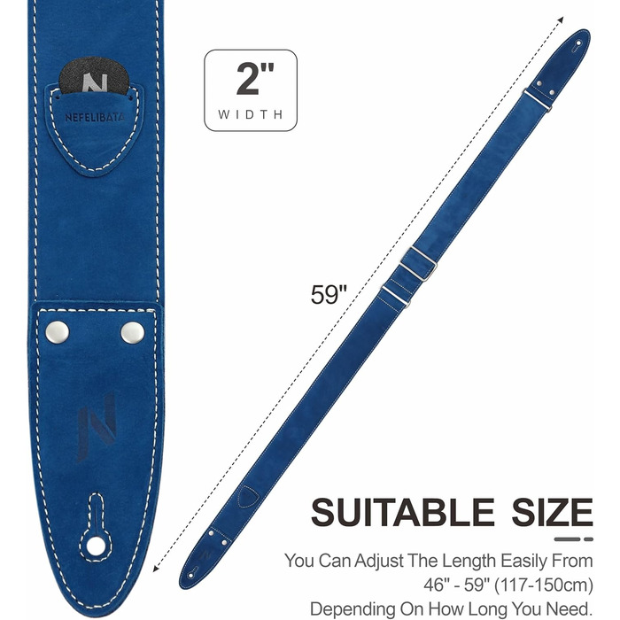 Гітарний ремінь Nefelibata з повного нубуку, 2' з кишенею для медіатора, для бас-, електро- та акустичної гітари, з медіаторами, кнопками та застібками (Star Black) (B#-haze Blue)