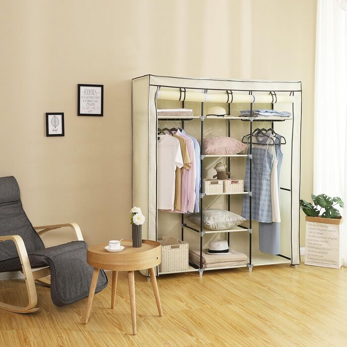 SONGMICS Closet, Clothes Rack, Folding Wardrobe with Clothes Rod, Garment Rack, Storage, Pockets, Shoes, Bedroom, Dressing Room, 45 x 150 x 175 cm, RYG12B (Beige)
