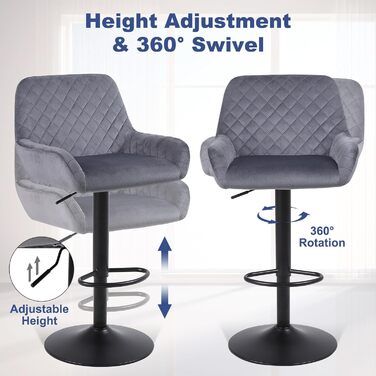 Ralex Velvet Bar Stools 2-Pack - Adjustable Swivel Bar Chairs with Backrest & Armrests for Kitchen, Bar & Counter (Gray)
