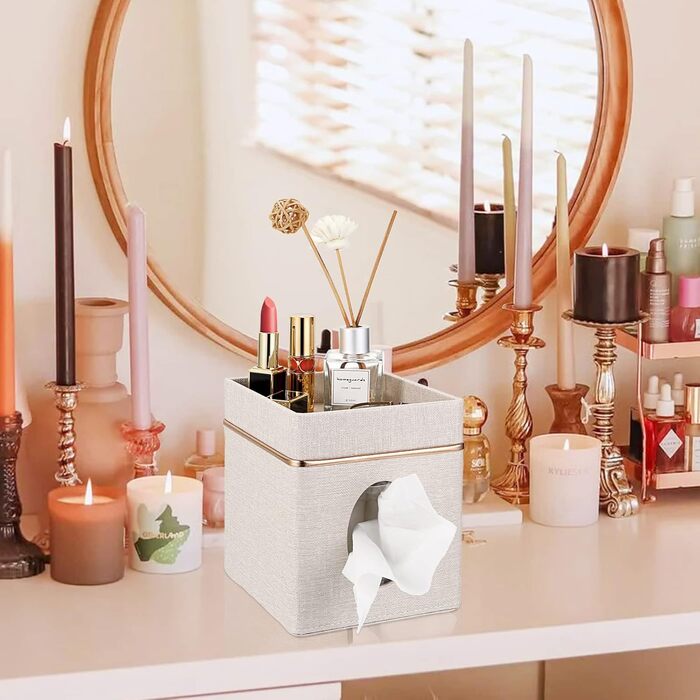 BTSKY Square Linen Tissue Box Holder with Top Shelf – Household Office Table Tissue Box with Jewelry Holder on Top, Beige