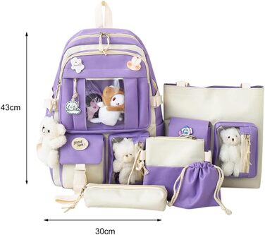 Яскравий рюкзак Каваї з аксесуарами, набір 5 шт. – великий рюкзак у стилі Харадзюку, трендовий рюкзак для школи, коледжу, подорожей, з нашивками (фіолетовий)