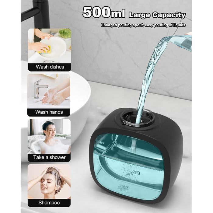 Автоматичний диспенсер для мила Dalugo з USB-C, настінний, 500 мл, електричний, сенсорний, регульований, чорний, для кухні та ванної кімнати