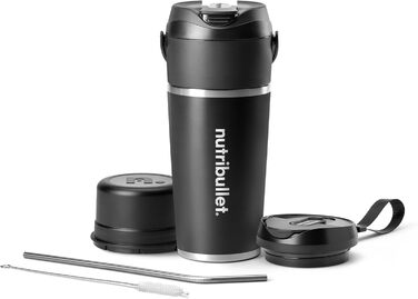 NutriBullet Flip Portable Blender, 20 oz Insulated Stainless Steel Cup, Keeps Cold for up to 24 Hours, Blends Ice and Frozen Ingredients, 2-in-1, Multifunctional Blender, USB-C Charger, Black, NBP016B Portable Insulated Black